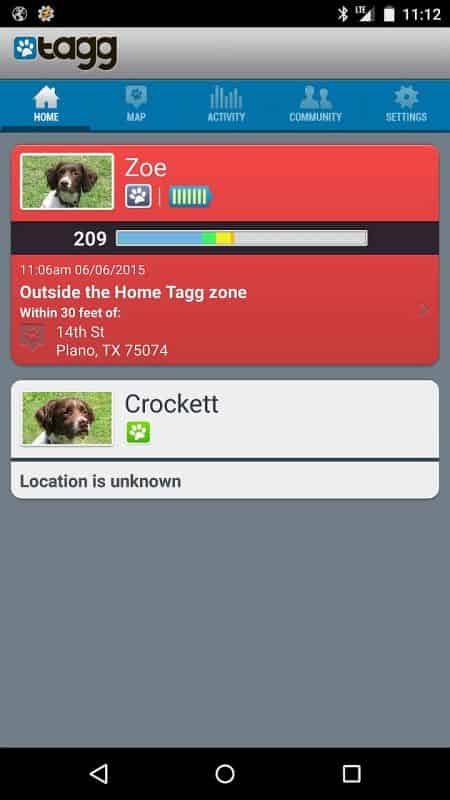 Tagg Tracker Status showing Zoe's status